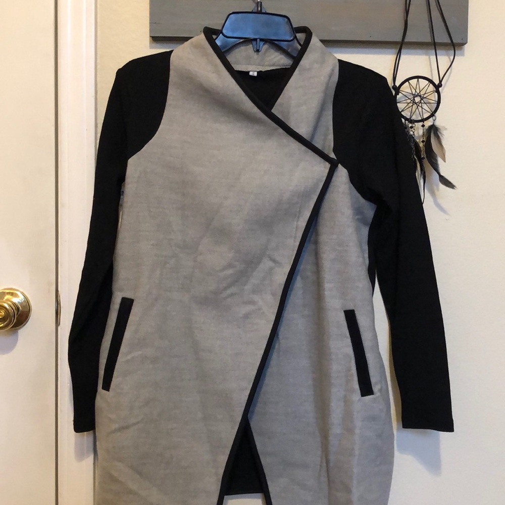 Gray/Black Crossover Button Cardigan Sweater